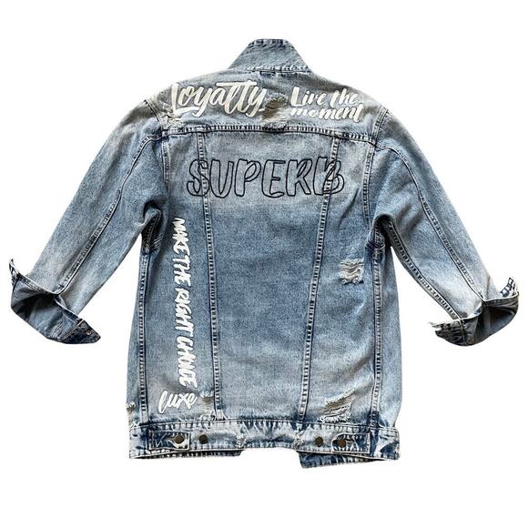 American Bazi Oversized Denim Jacket S | Graffiti Text, Distressed, Longline Fit - Picture 2 of 9